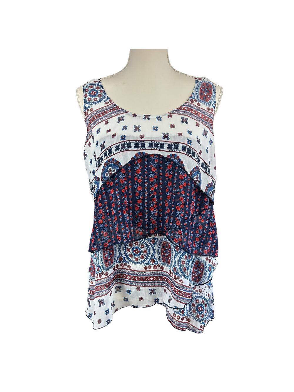 Live and Let Live Top Women Sz Medium White Red Blue Flowy Tiered Chiffon Blouse